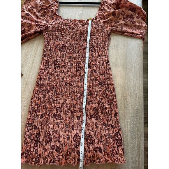 Free People Smock It To Me Mini Dress in Apricot Combo Medium Balloon Sleeve - Picture 7 of 9